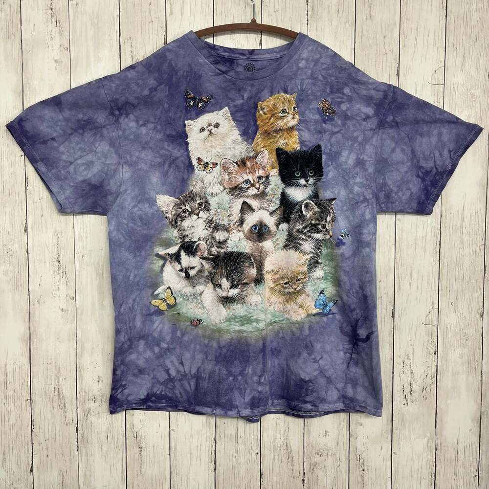 The Mountain Cat Kitten Collage Purple Tie Dye Graphic Tee Shirt XL Granny Retro